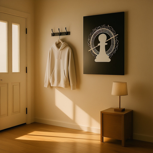 Photorealistic foyer shot at sunrise with a single 24x36 Nopaune metal print, white hoodie on coat rack, and oak side table lamp
