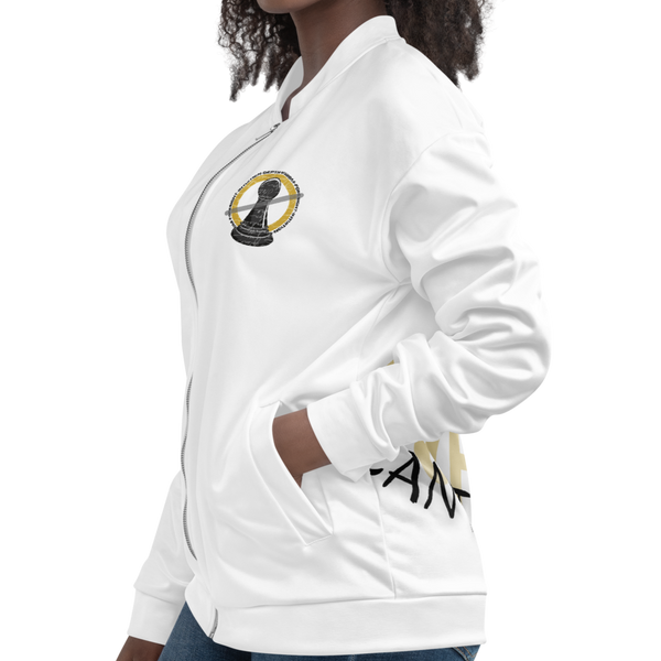 A woman showing the front left side of a sublimated jacket by Nopaune.