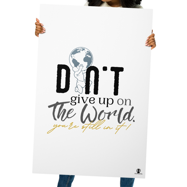 Woman holding the Don’t Give Up 24×36 metal print by Nopaune in front of her body, showcasing its size, sleek finish, and bold typography.
