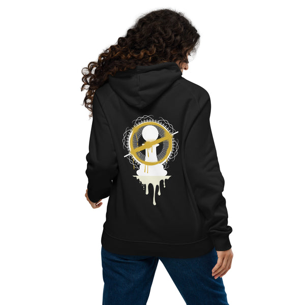 Back view of a hoodie with dripping pawn art worn by a female model