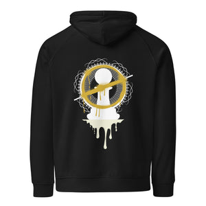 Flat lay of black hoodie with large white and gold pawn dripping design on back