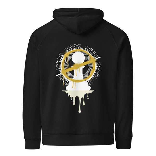 Flat lay of black hoodie with large white and gold pawn dripping design on back