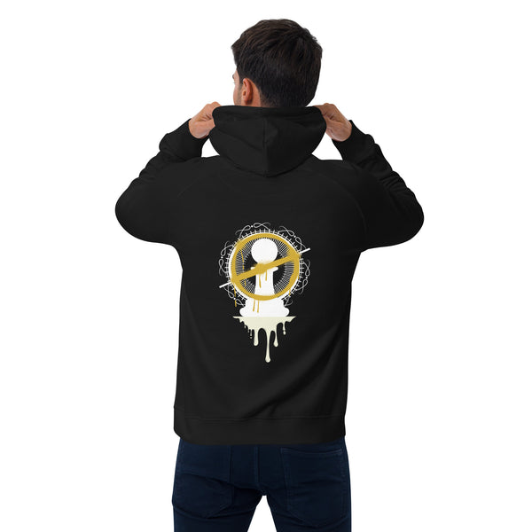 Back of black hoodie showing dripping pawn artwork in white and gold