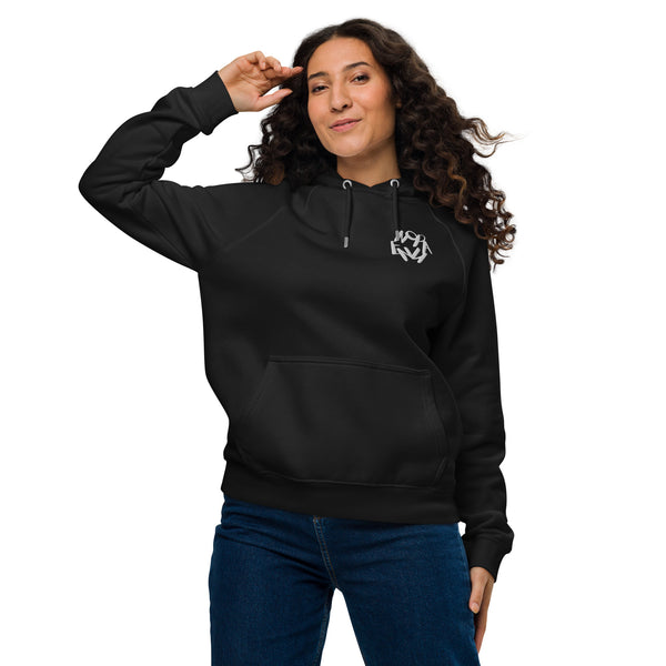 Female model wearing black hoodie with white Nopaune chest logo, hands up and smiling