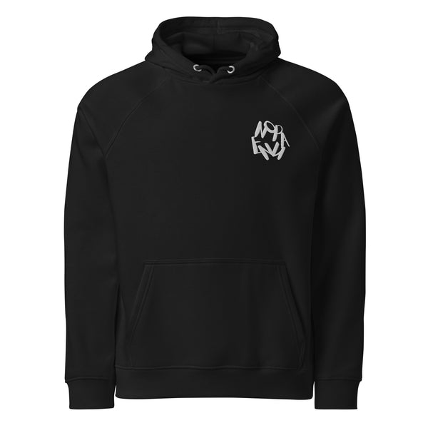 Flat lay of black hoodie showing small Nopaune logo on left chest