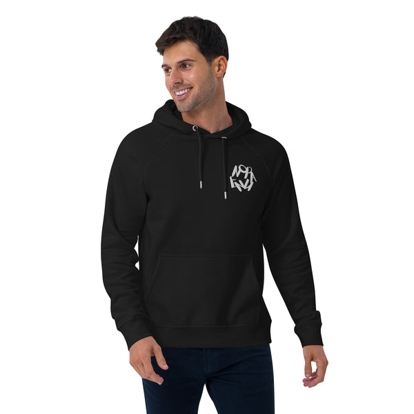 Male model wearing black hoodie with white Nopaune logo on chest