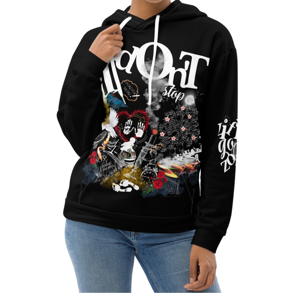 Female model wearing the Life Go Zoom hoodie by Nopaune, front view showing graphic and neckline.
