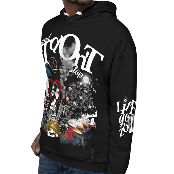 Male model wearing the Life Go Zoom hoodie by Nopaune, angled front-left view showing graphic and sleeve detail.
