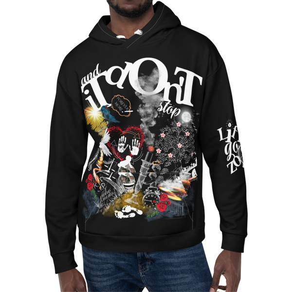 Male model wearing the Life Go Zoom hoodie by Nopaune, front view showing graphic and fit.
