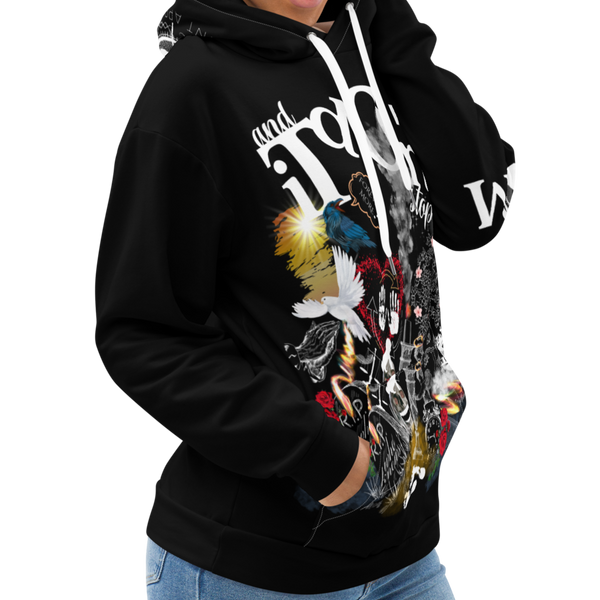 Female model wearing the Life Go Zoom hoodie by Nopaune, angled front-right view showing graphic and sleeve detail.
