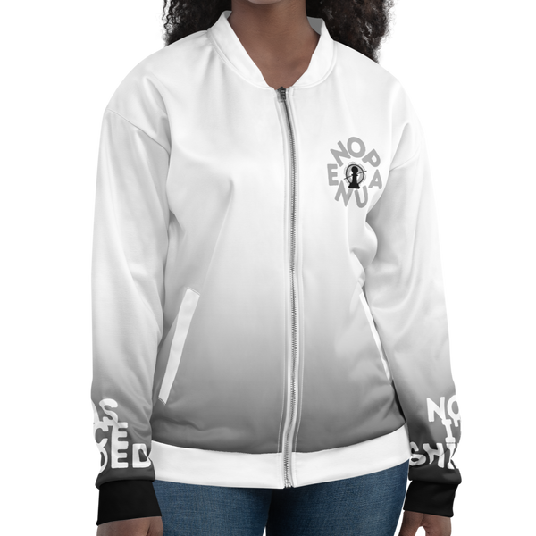 Female model wearing the Once Shaded jacket by Nopaune, front view showing fit, zipper, and chest logo.
