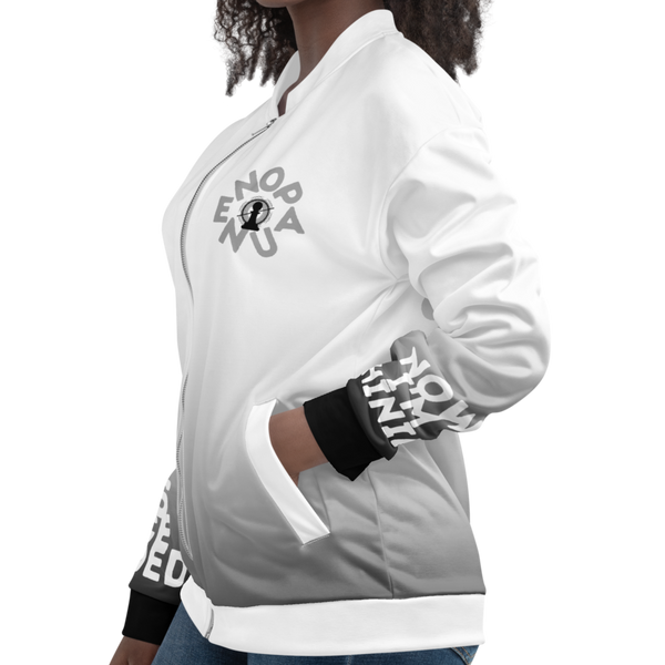 Woman wearing the Once Shaded jacket by Nopaune, emphasizing the jacket from a left side view.
