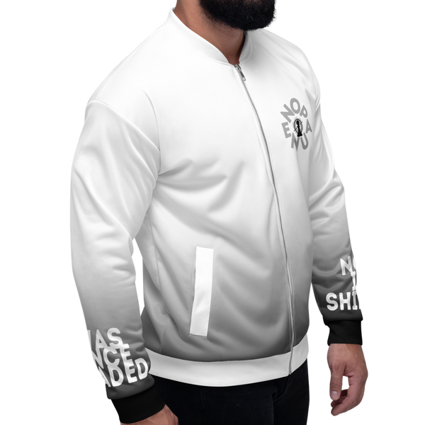 Male model showing the right side view of the Once Shaded jacket by Nopaune, highlighting the gradient fade and relaxed fit
