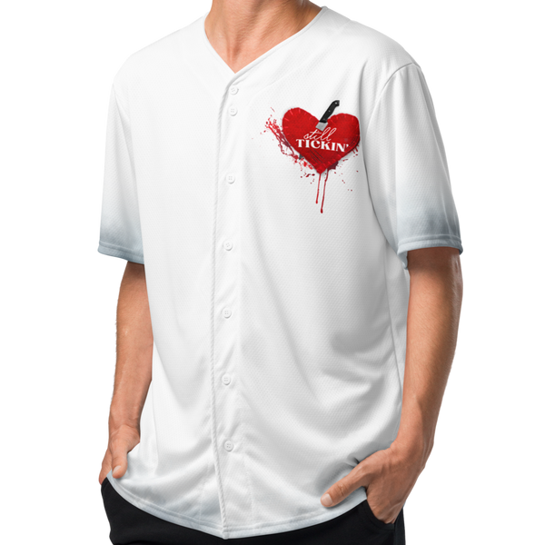 Male model wearing the Still Tickin' buttoned-down jersey by Nopaune, front view showing fit and graphic
