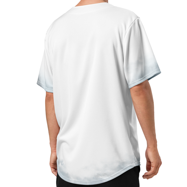 Female model wearing the Still Tickin' buttoned-down jersey by Nopaune, back view.