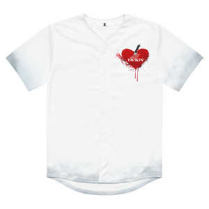 Front view of the Still Tickin' buttoned-down jersey by Nopaune, white fabric with red “Still Tickin'” graphic on front
