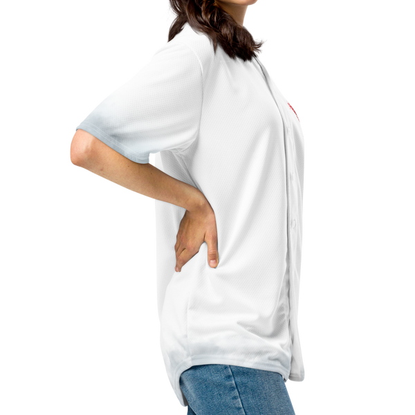 Female model showing side view of the Still Tickin' buttoned-down jersey by Nopaune, highlighting the silhouette.
