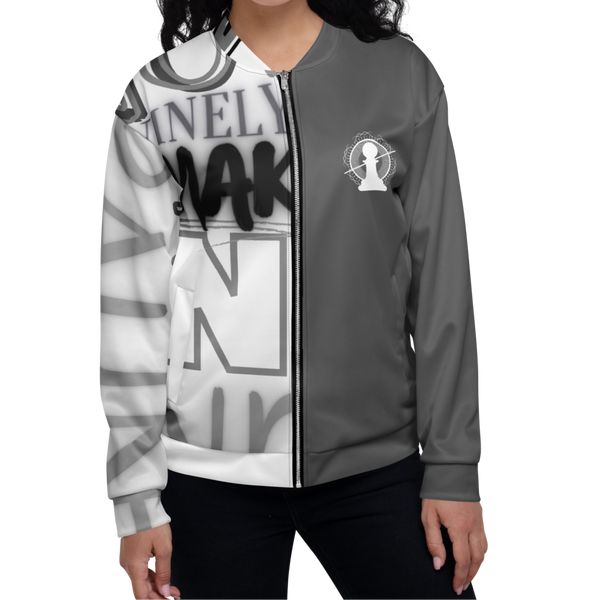 Female model wearing the Dual Jacket by Nopaune, front view showing fit and central graphic.
