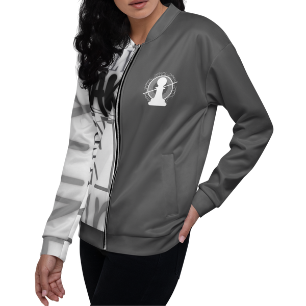 Female model wearing the Dual Jacket by Nopaune, angled front-left view showing side panel and fit.
