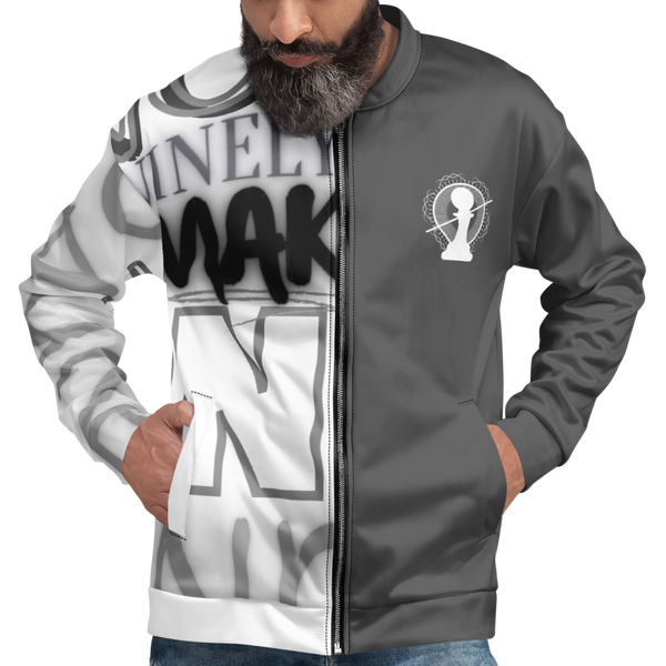 Male model wearing the Dual Jacket by Nopaune, front view showing fit and central graphic.
