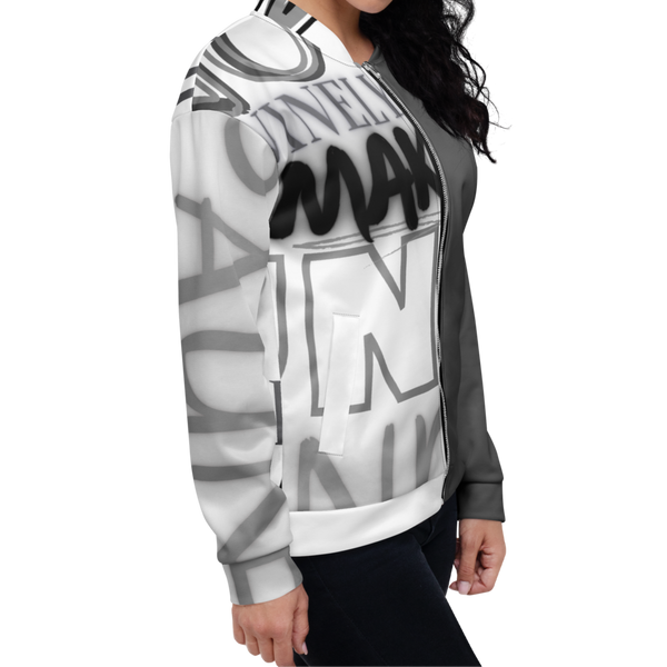 Female model wearing the Dual Jacket by Nopaune, angled front-right view showing side panel and fit.
