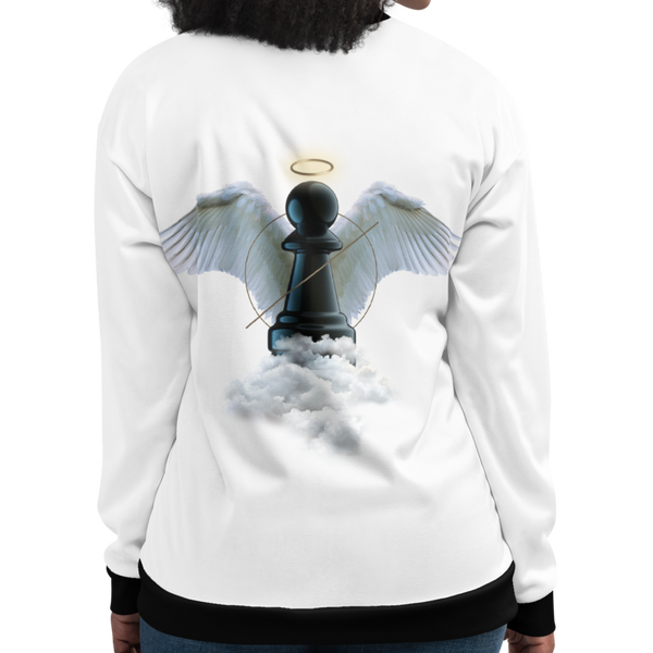 A woman showing the back of a jacket by Nopaune.