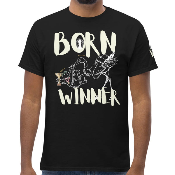 Man wearing a black t-shirt with 'Born Winner' text and graphic design on a white background
