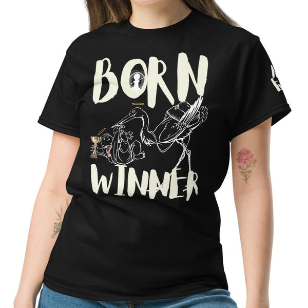 Black t-shirt with 'Born Winner' graphic design worn by a person