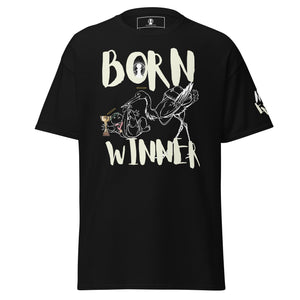 Black t-shirt with 'Born Winner' graphic design on a white background