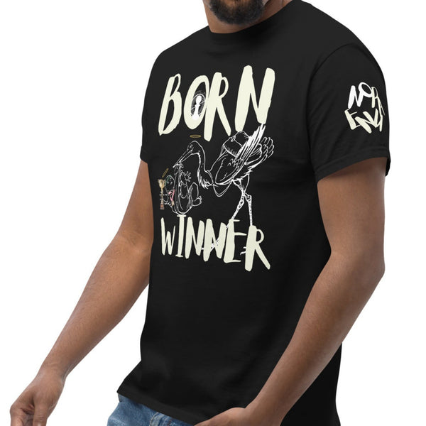 Man wearing a black t-shirt with 'Born Winner' text and graphics on a white background