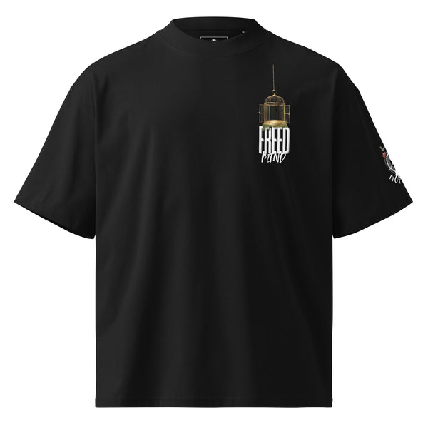 Black t-shirt with a graphic design on the chest against a white background
