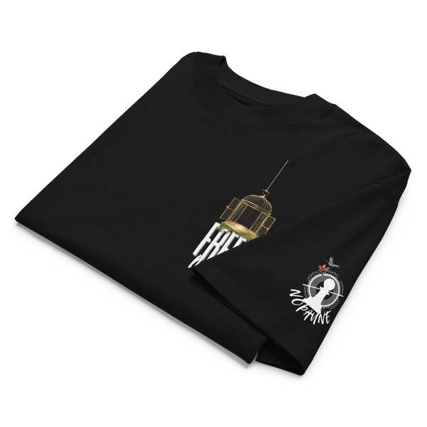 Black t-shirt with graphic designs on a white background