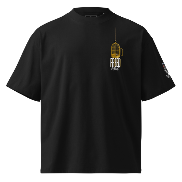 The front of a black Nopaune t-shirt showcases graphics on the left side of the chest and the left arm.