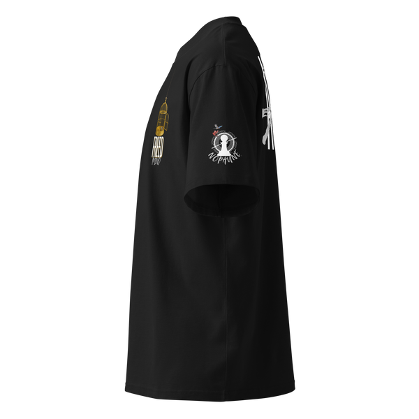 The left side of a black Nopaune t-shirt features graphics on the left chest, left sleeve, and back.