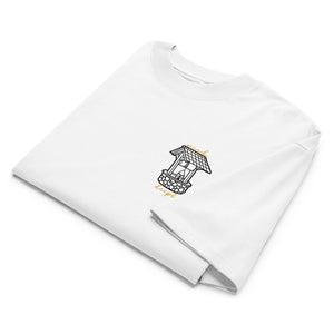 Front view of the Wish Deeply oversized high-neck t-shirt by Nopaune, black fabric with white “Wish Deeply” graphic
