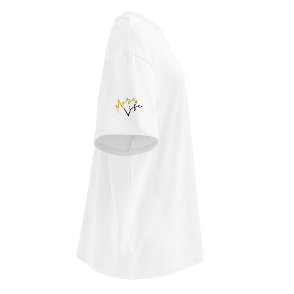 Right side view of the Wish Deeply oversized high-neck t-shirt by Nopaune, showing silhouette and neckline
