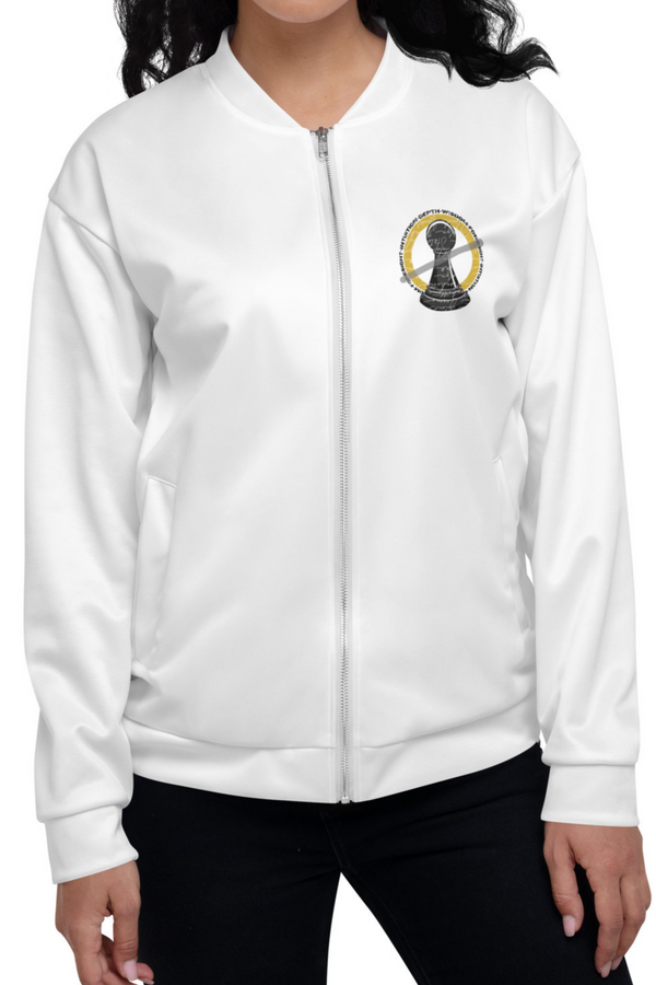 Woman shown wearing a sublimated bomber jacket by Nopaune.