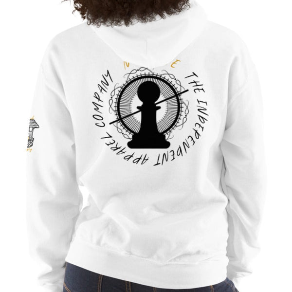 Female model wearing the More Life hoodie by Nopaune, back view showing hood and seam detailing

