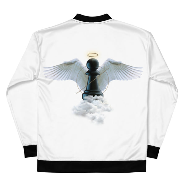 The back of a white bomber jacket with black neck lining, cuffs, and hem. A large, black pawn can be seen printed on the back. The pawn is adorned with a large set of wings and a halo. The pawn is crossed out and encircled by a "not allowed" sign. The pawn is sitting on a bed of clouds.