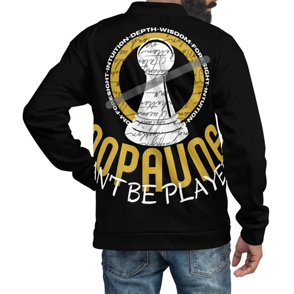Man wearing a sublimated bomber jacket by Nopaune.