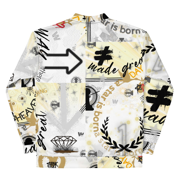 The back of a unisex bomber jacket by Nopaune.