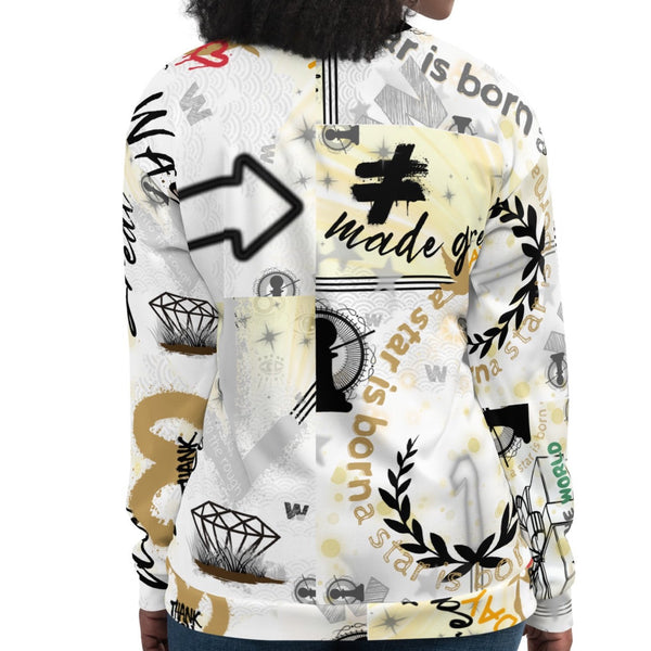 Woman wearing a sublimation bomber jacket by Nopaune.