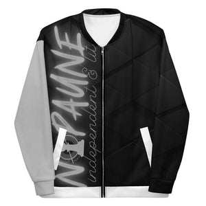 A display of a bomber jacket. The jacket is black, except for the right sleeve, the pockets, and the bottom hem. The right sleeve is gray, and the pockets and hem are white. Written vertically up the right side of the jacket front are the words "Nopaune. Independent & Lit".