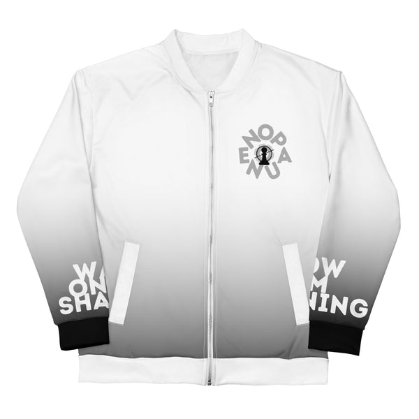 The front of a unisex bomber jacket by Nopaune.
