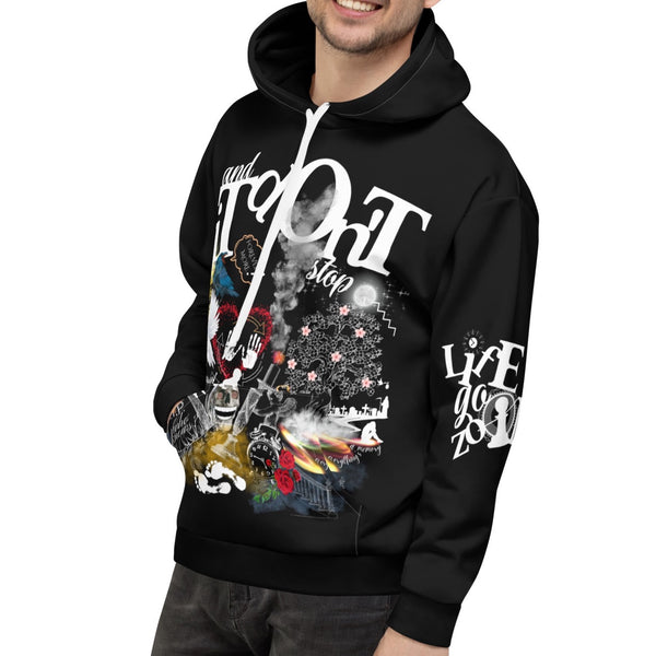 Man wearing a sublimated hoodie by Nopaune.