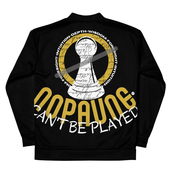 Back view of a sublimated bomber jacket by Nopaune.