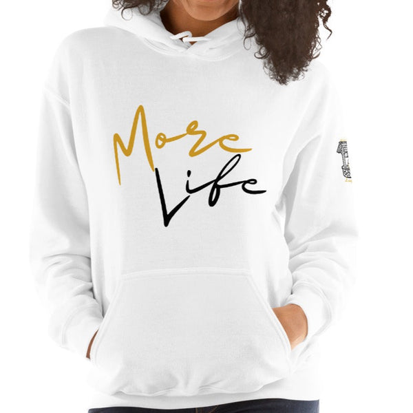 Female model wearing the More Life hoodie by Nopaune, front view showing fit and “More Life” graphic
