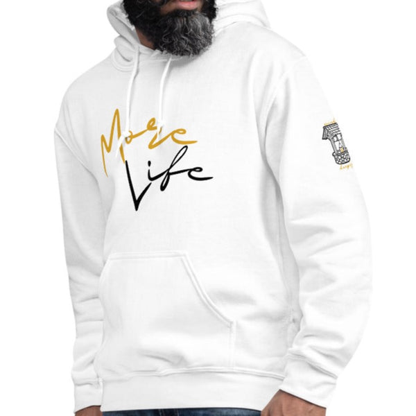 Male model wearing the More Life hoodie by Nopaune, front view showing the “More Life” graphic and left sleeve design
