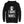 Display of a black hoodie. Printed on the back of the hoodie, in white, are the words 