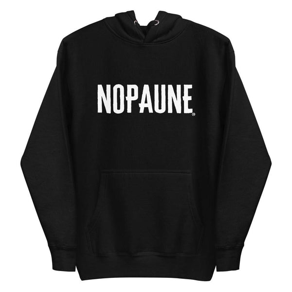 Display of a black hoodie bearing the word "Nopaune" in white, on the chest.